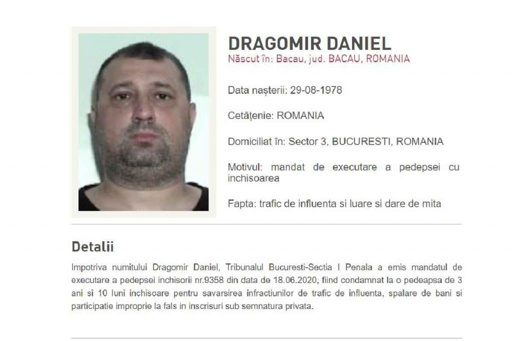Condamnatul Daniel Dragomir, fost ofițer SRI, dat în urmărire intenațională