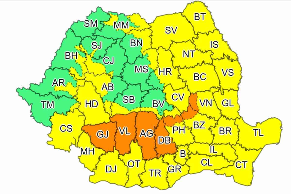 Meteo ANM: Vijelii şi grindină în câteva județe, Cod galben de instabilitate atmosferică
