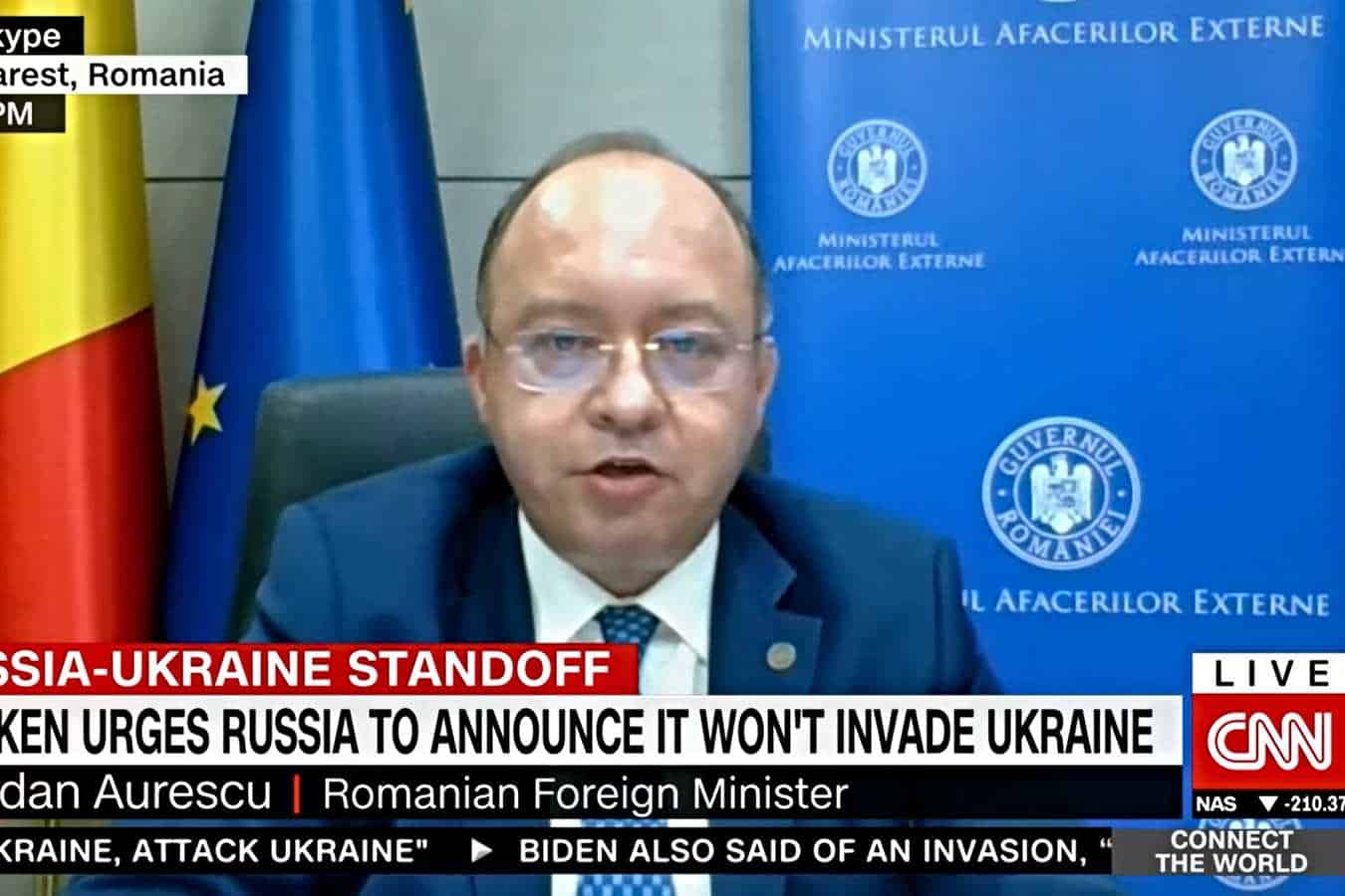 Bogdan Aurescu, la CNN: Pare că se construiește un pretext pentru o invazie în Ucraina. Nimeni nu poate înlocui NATO în materie de asigurare a apărării. Sursa foto: captura CNN