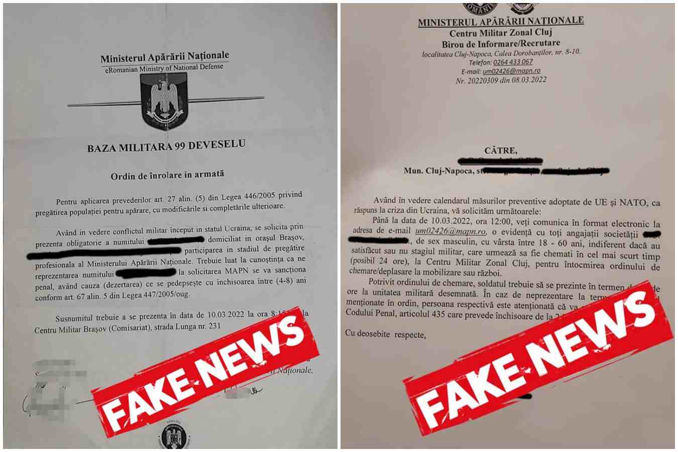 MApN: ATENȚIE la înştiinţările false, emise în numele instituţiei. Au fost distribuite în Cluj-Napoca şi Braşov. Sursa foto: MApN/facebook