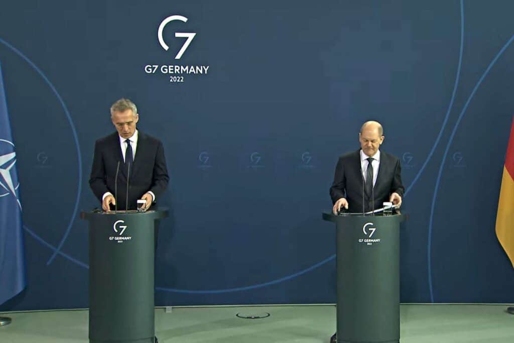 Liderul NATO și cancelarul Germaniei lămuresc poziția Alianței față de războiul din Ucraina. Când se va interveni. Sursa foto: captura youtube
