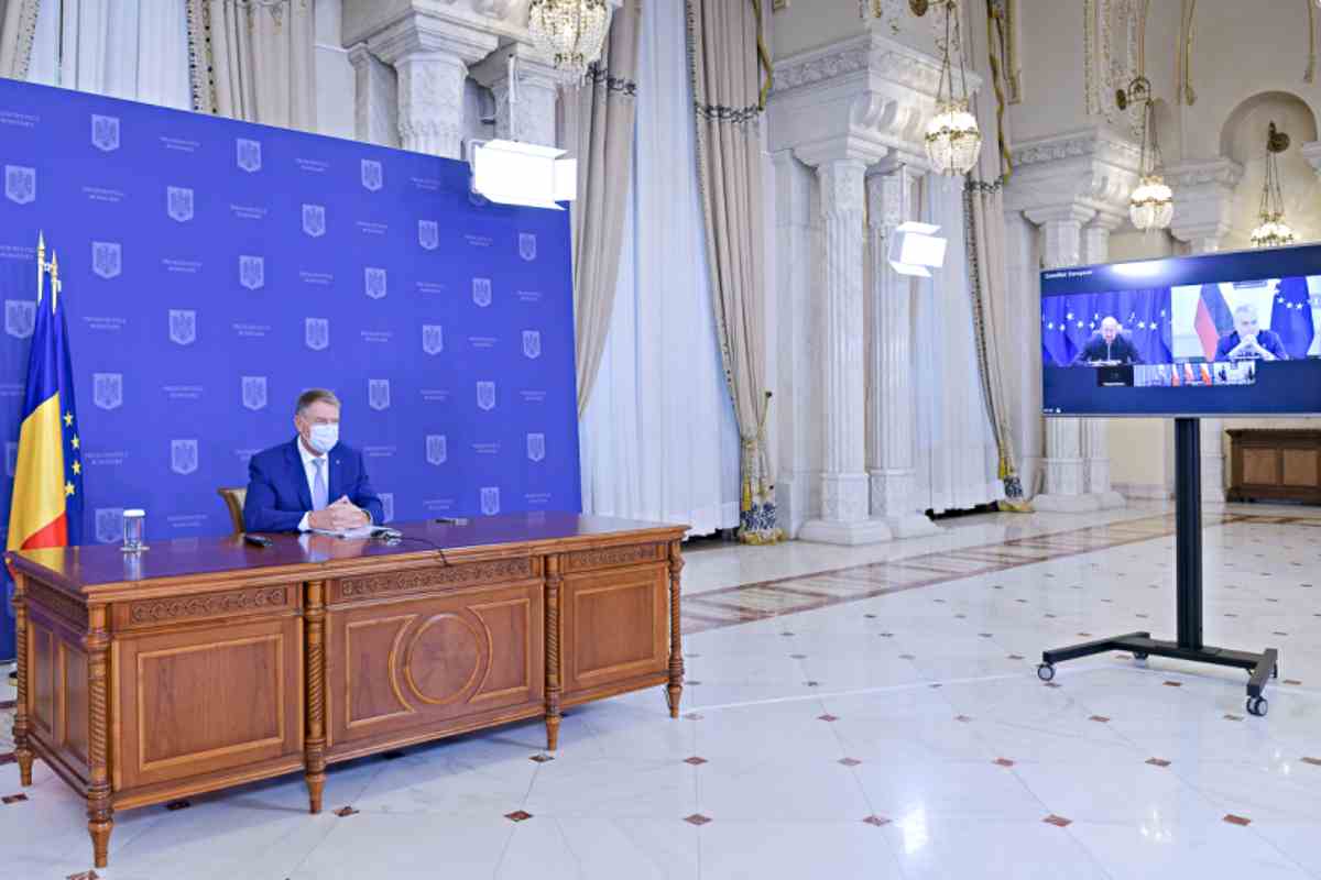 Președintele Klaus Iohannis în videoconferință. Sursa foto: presidency.ro