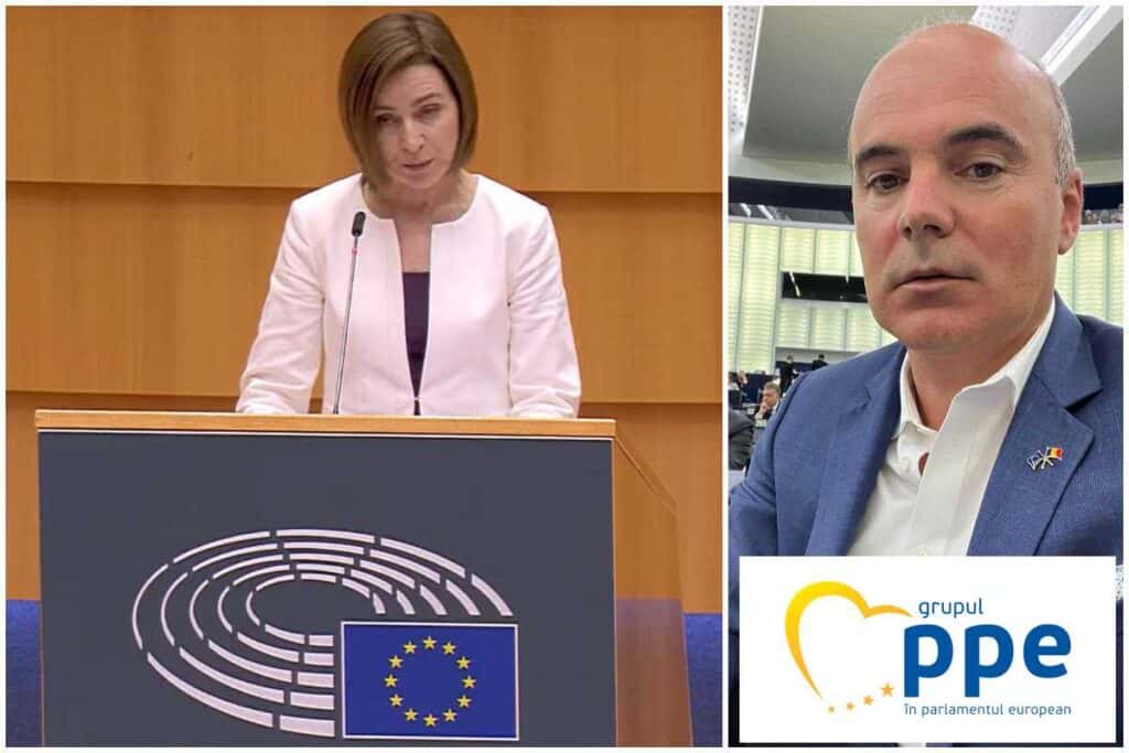 Europarlamentarul Rareș Bogdan, după discursul președintelui Moldovei, Maia Sandu, în Plenul PE: ”Un prieten al UE. O conștiință”. Sursa foto: colaj stiripescurt.ro