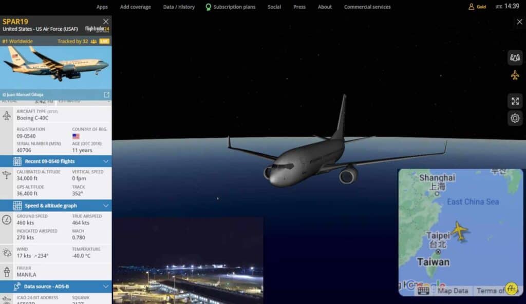 Avionul lui Nancy Pelosi către Taiwan, cel mai urmărit zbor din istoria site-ului de urmărirea zborurilor Flightradar24