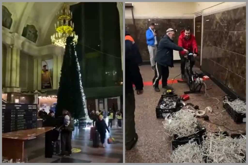 VIDEO - Călători pedalează, în Gara din Kiev, pentru a ilumina bradul de Crăciun